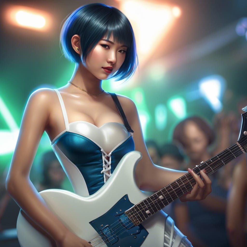 Asian Girl Plays Guitar, Hyperdetailed Nightclub Portrait