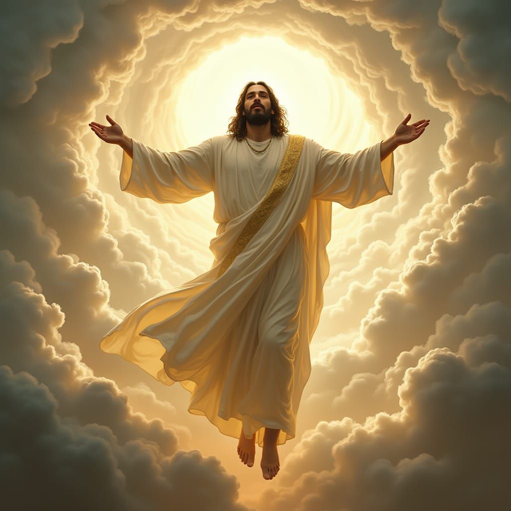 Triumphant Yeshua Ascends with Heavenly Clouds