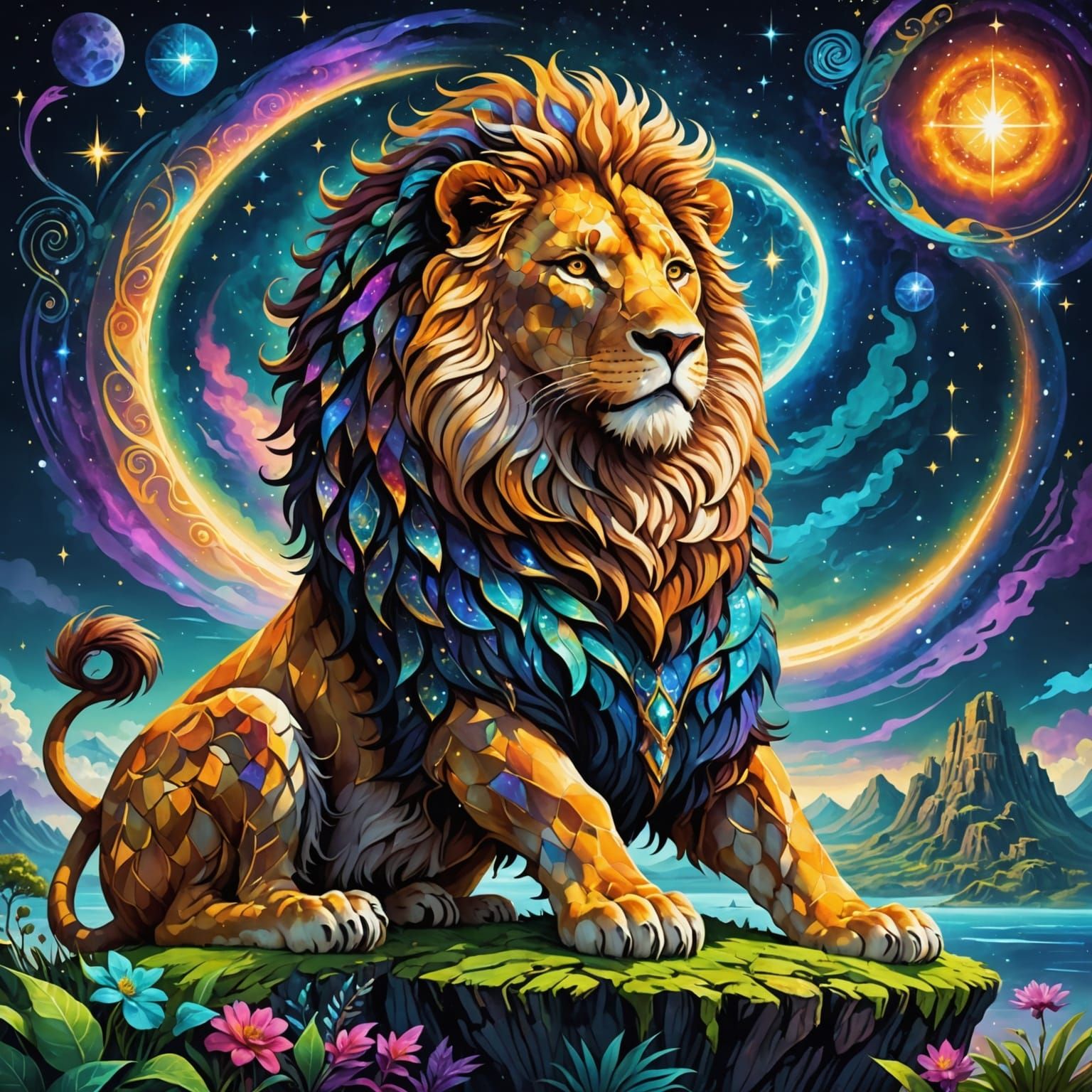 Constellation Lion on Floating Island in Cosmic Art