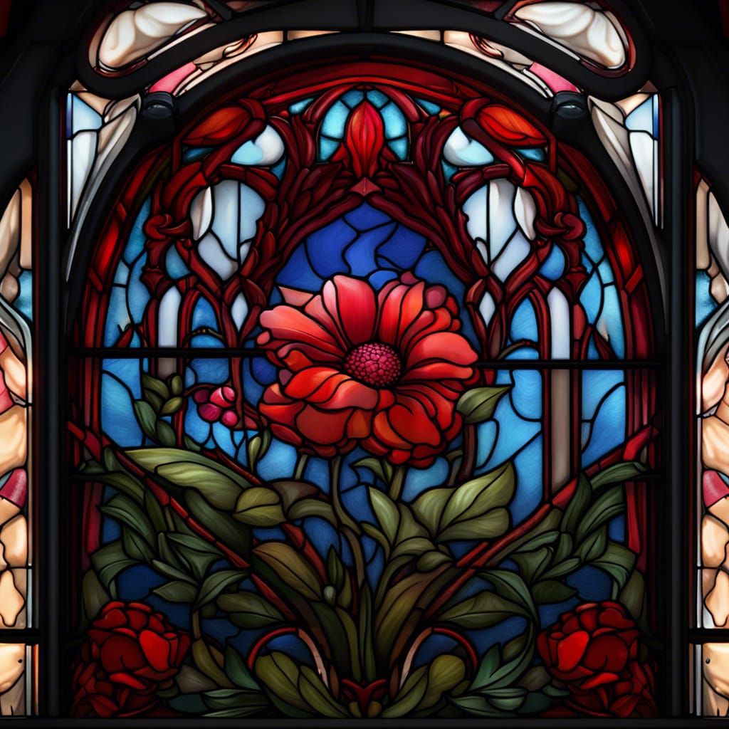 Stained Glass with Red Flower Design
