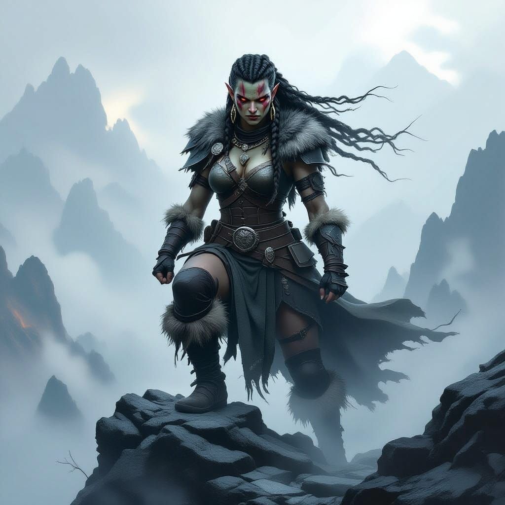Fierce Orc Warrior on Misty Mountain Peak