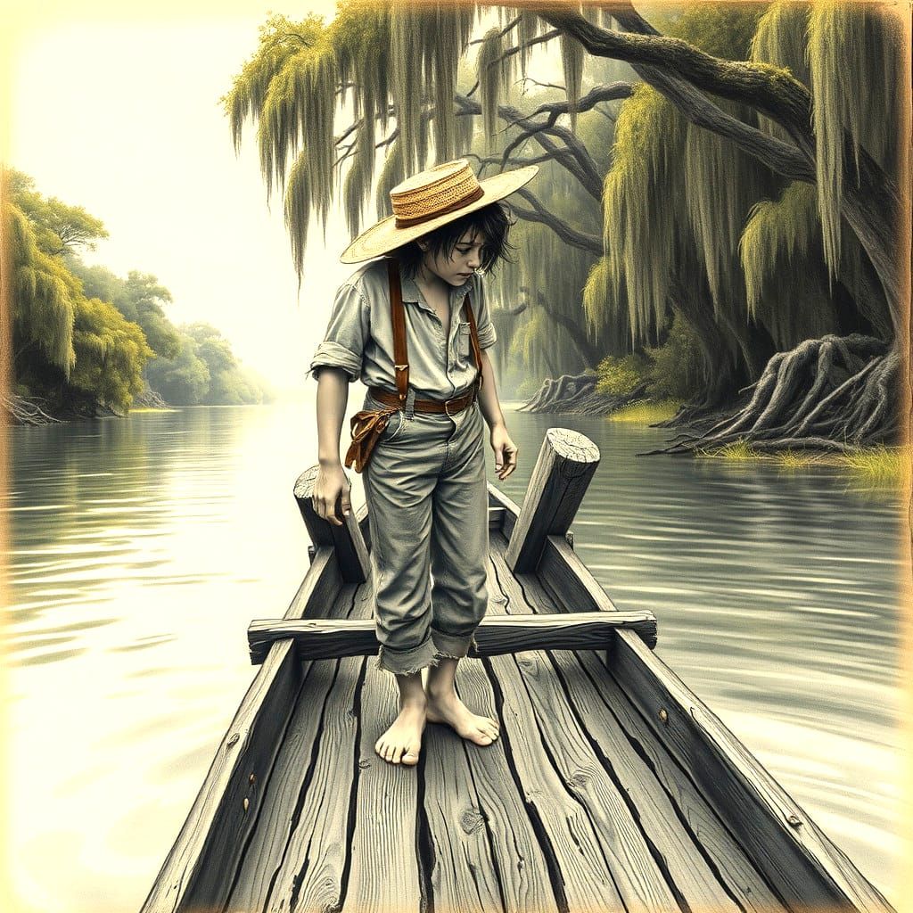 Hyperdetailed Charcoal Drawing of Huckleberry Finn