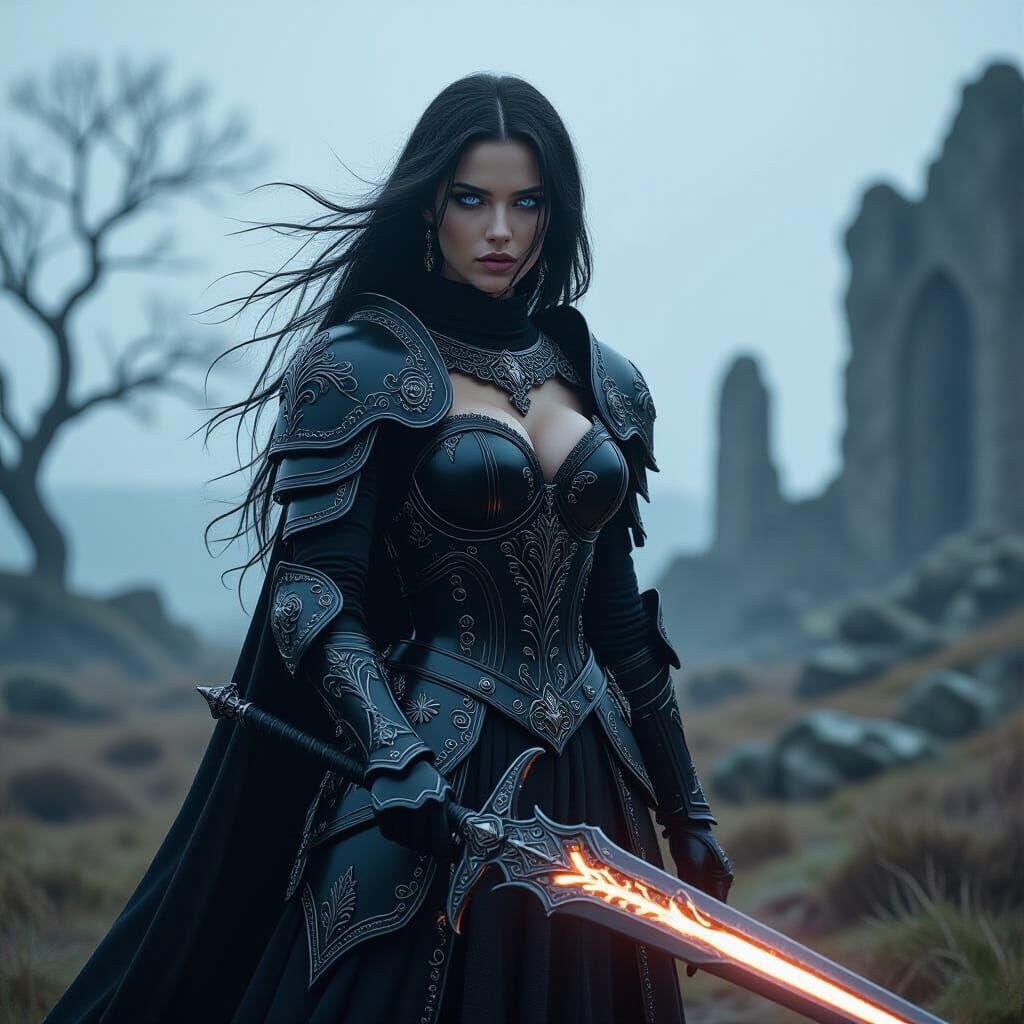Gothic Knight with Glowing Sword on Windswept Moor