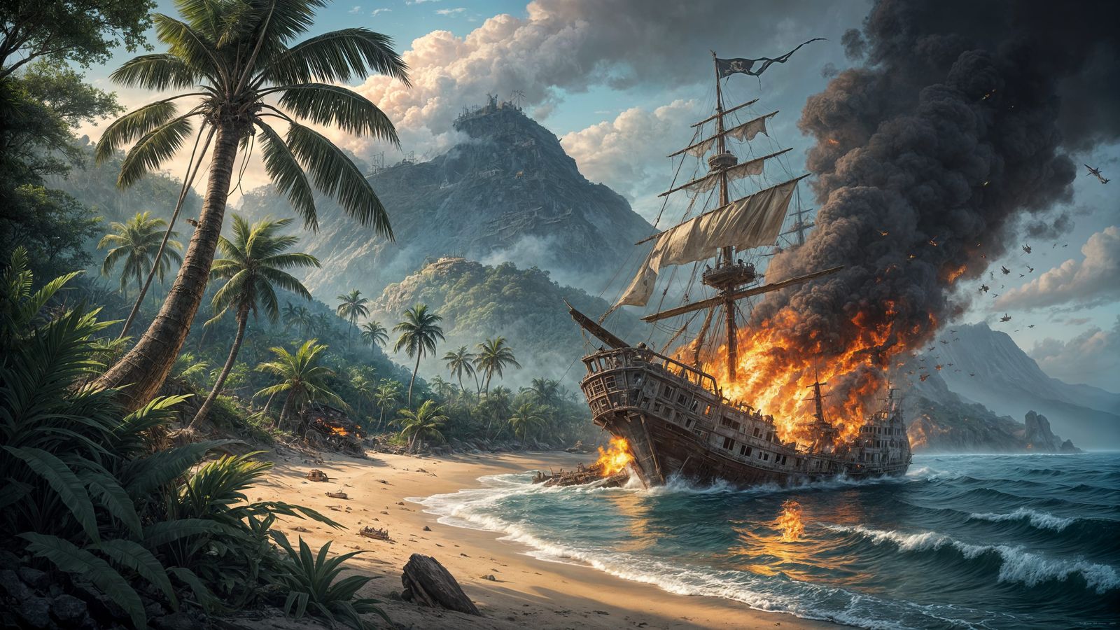 Vintage Pirate Shipwreck on Tropical Island in Retro Style