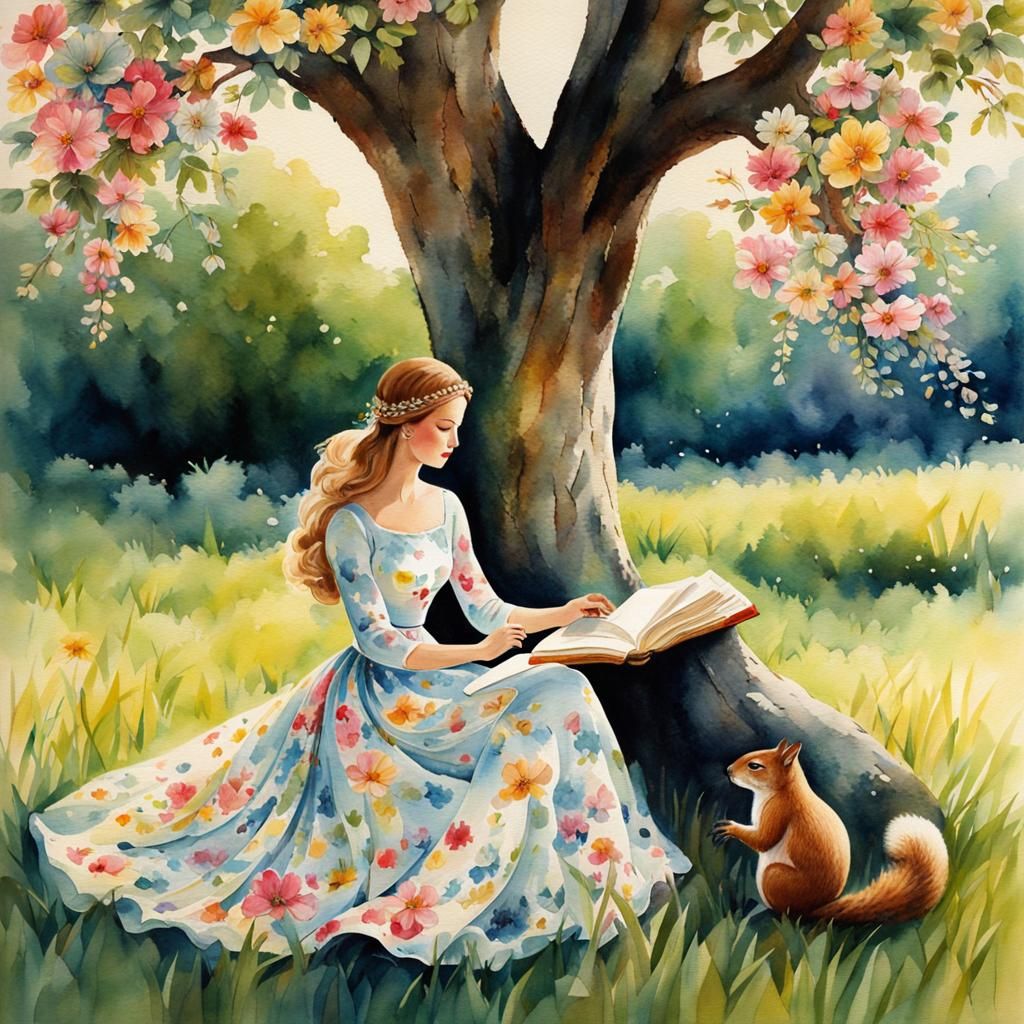 Woman Reading Book in Field: Watercolor Illustration