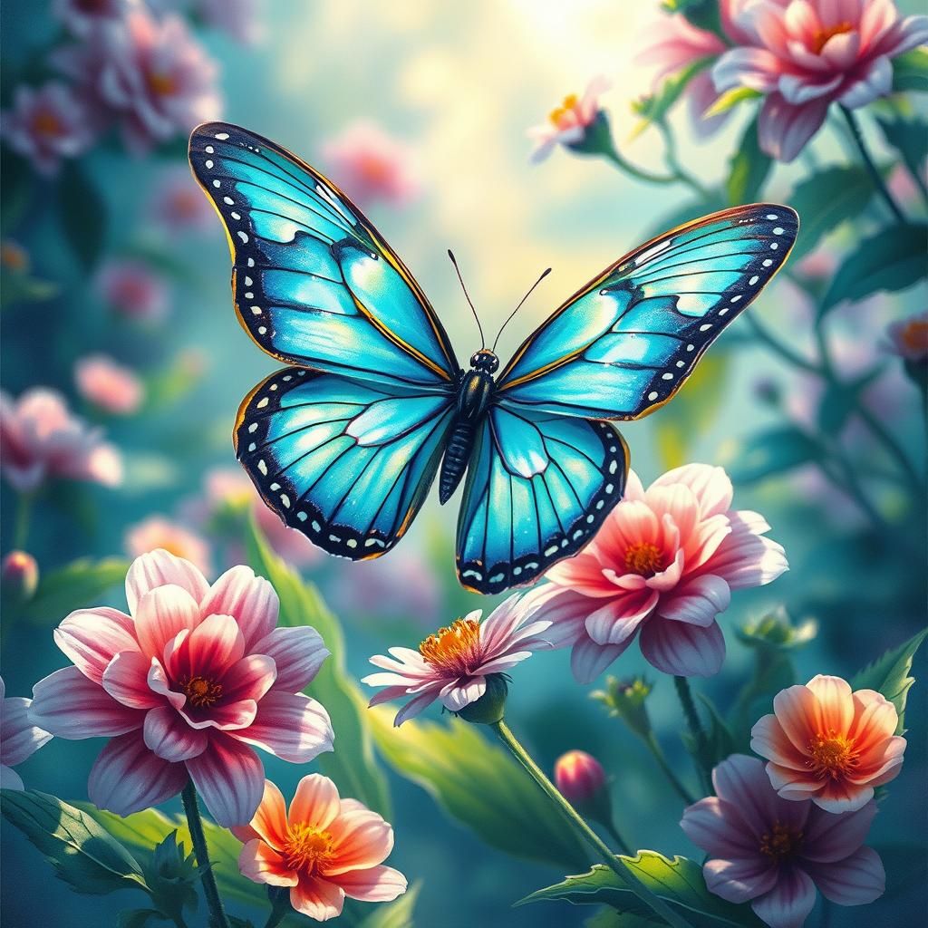 Iridescent Butterfly Among Flowers in Watercolor Style