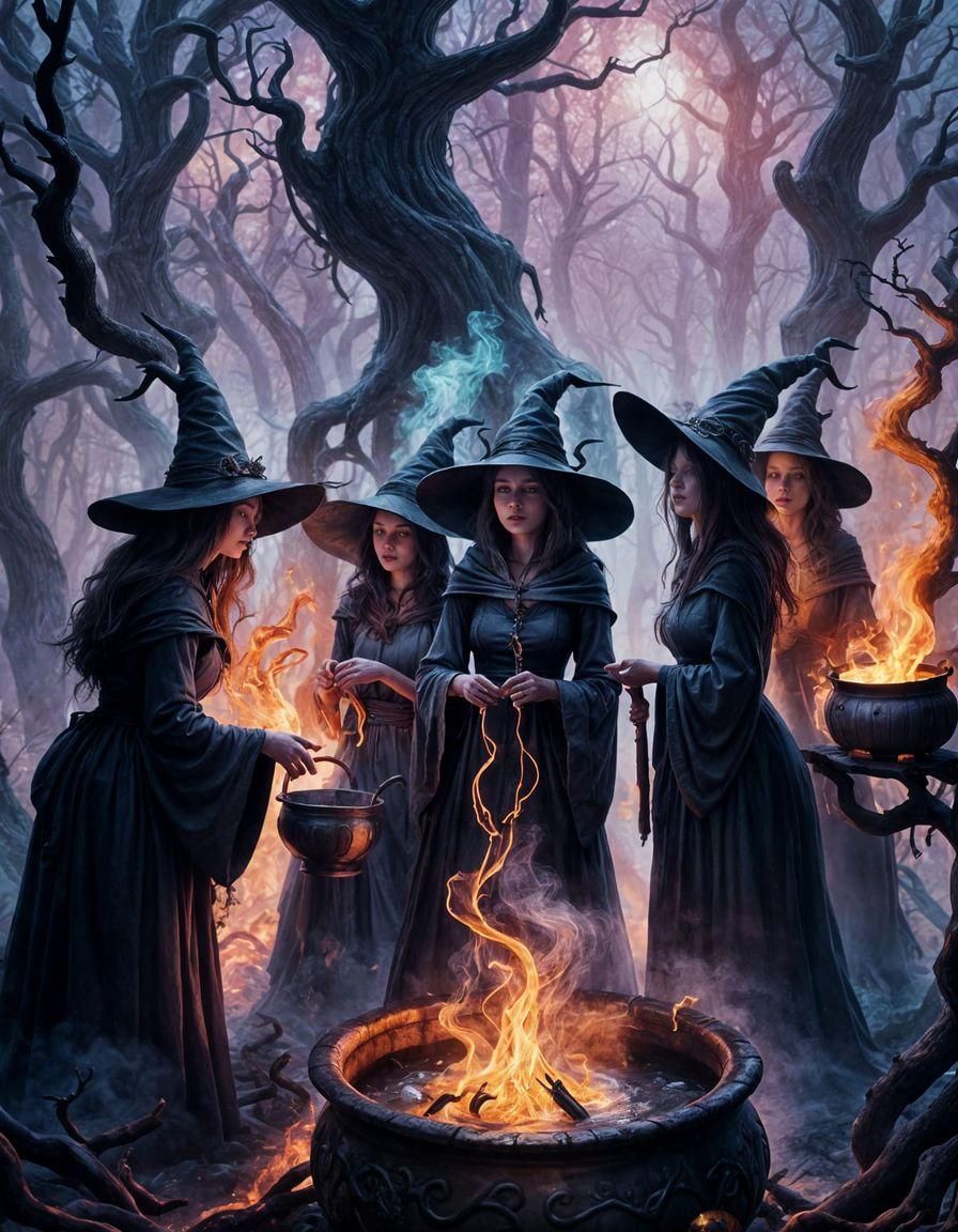 A spooky forest scene with witches creating a spell around a bubbling witches brew cauldron, high contrast, Hyperdetaile...