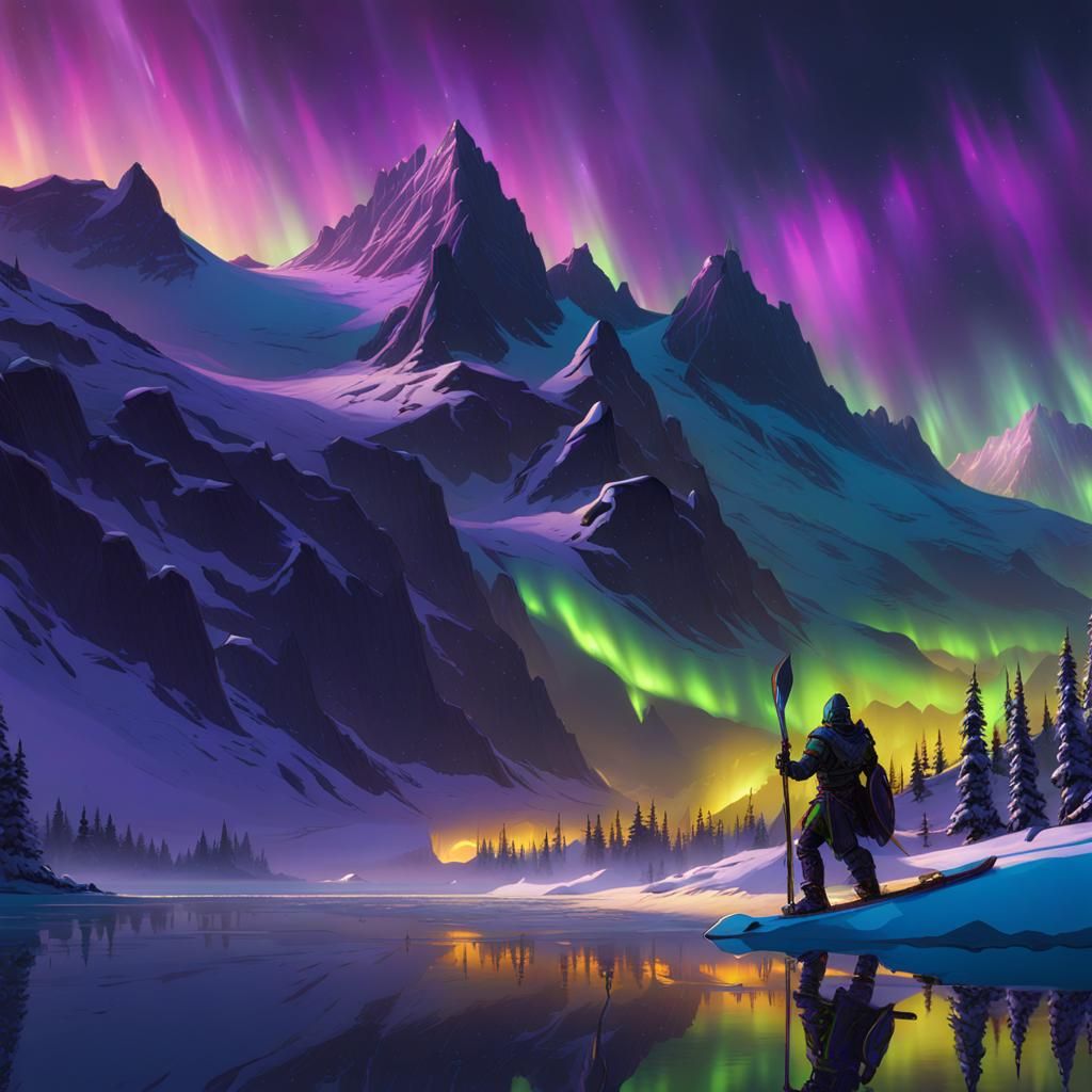 Warrior Knights Snowboarding Under Northern Lights