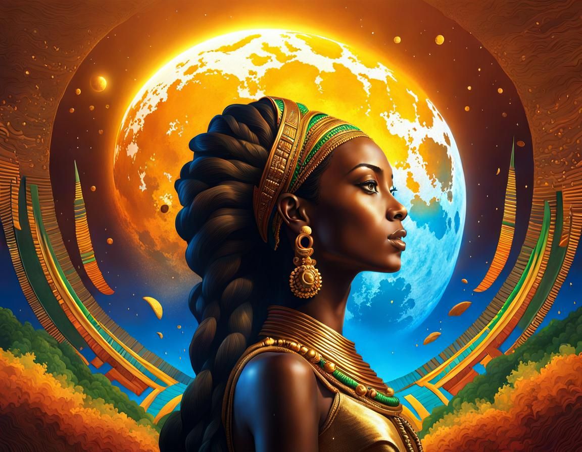 ETHIOPIAN GODDESS IN THE RAYS OF THE MOON Hyperrealistic, sp...