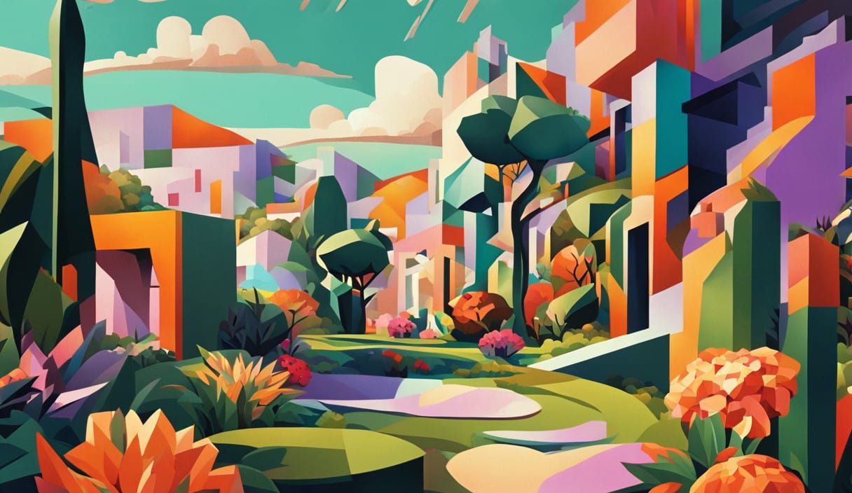 Vibrant Cubist Spring Garden Scene