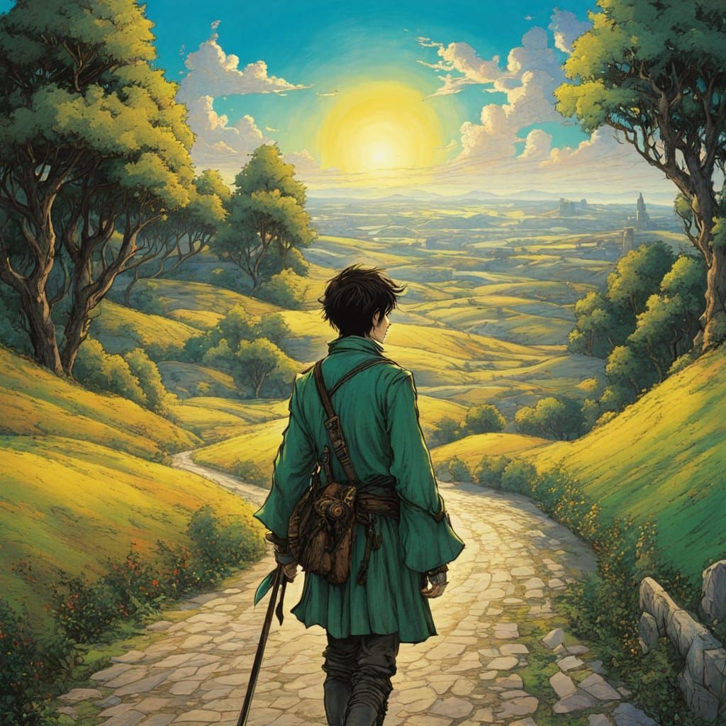 A Young Man Stands at the Crossroads of Eight Roads in a Vib...