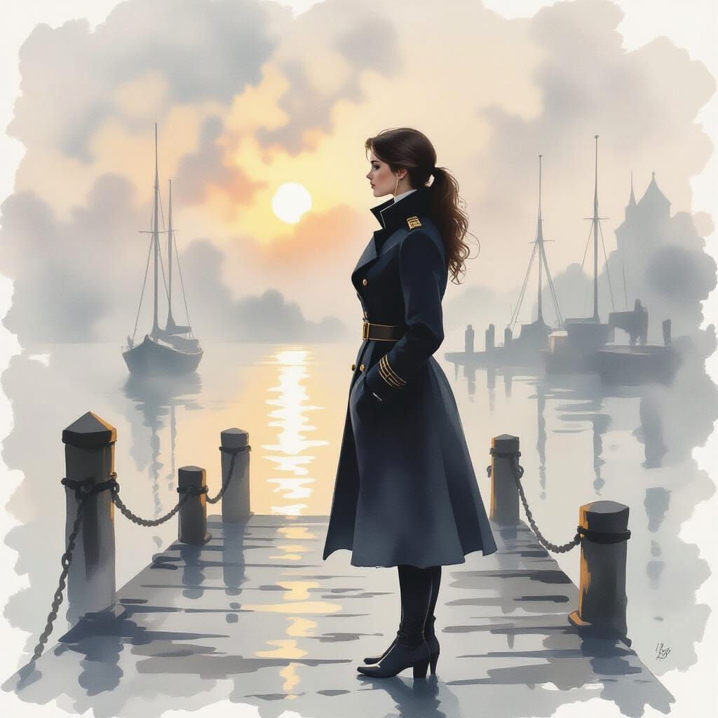 Guardsman on Misty Dock in Watercolor Style