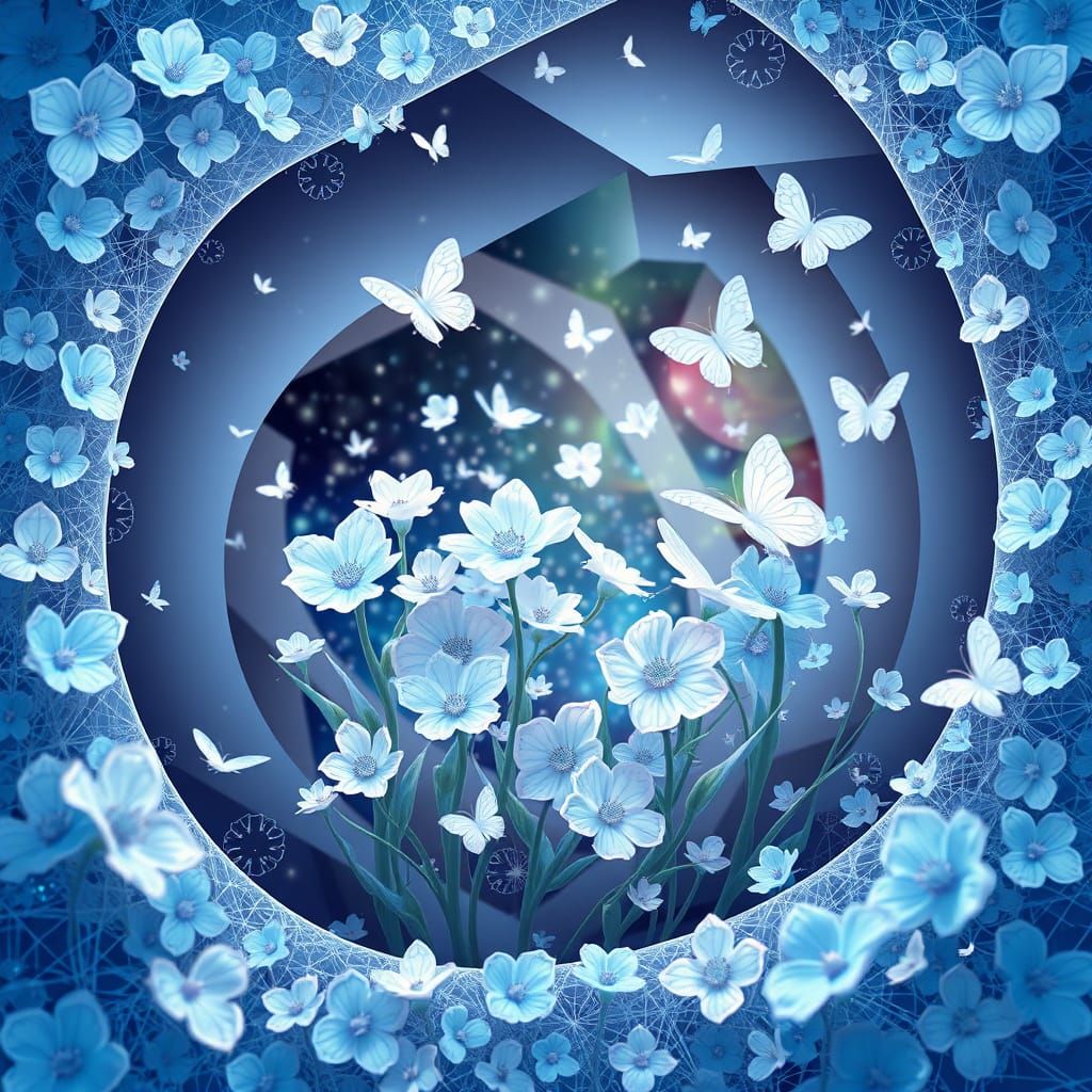 Ethereal Garden with Blue Flowers in Fractal Style