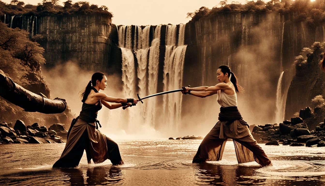 Victoria Falls Martial Arts Battle in Sepia Tone