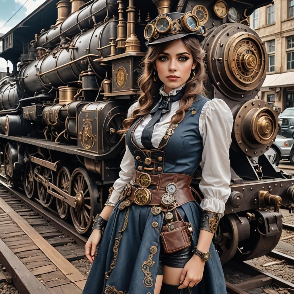 Steampunk Woman at Train Station in Detailed 3D Rendering