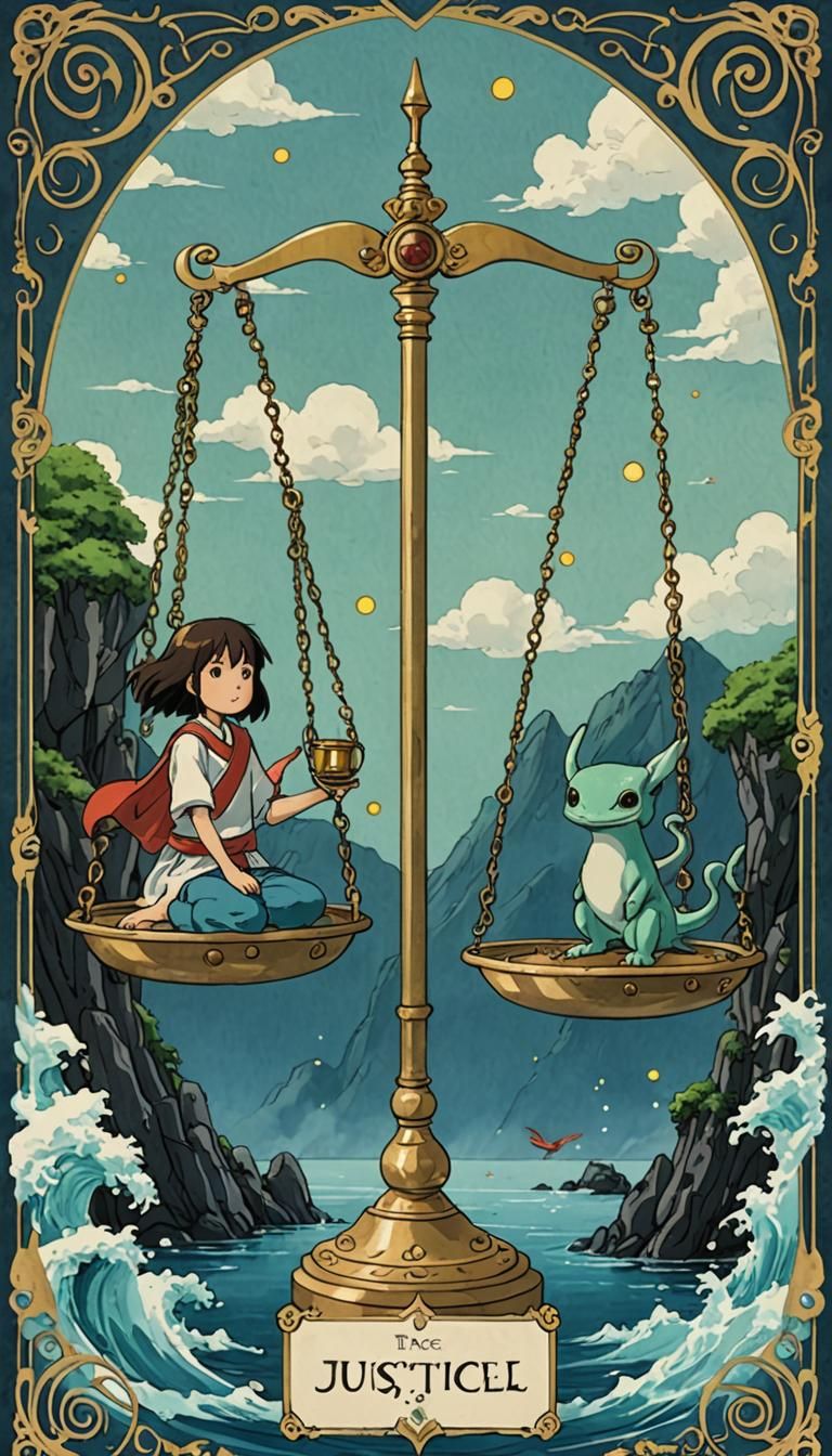 Justice Tarot Card in Studio Ghibli Style