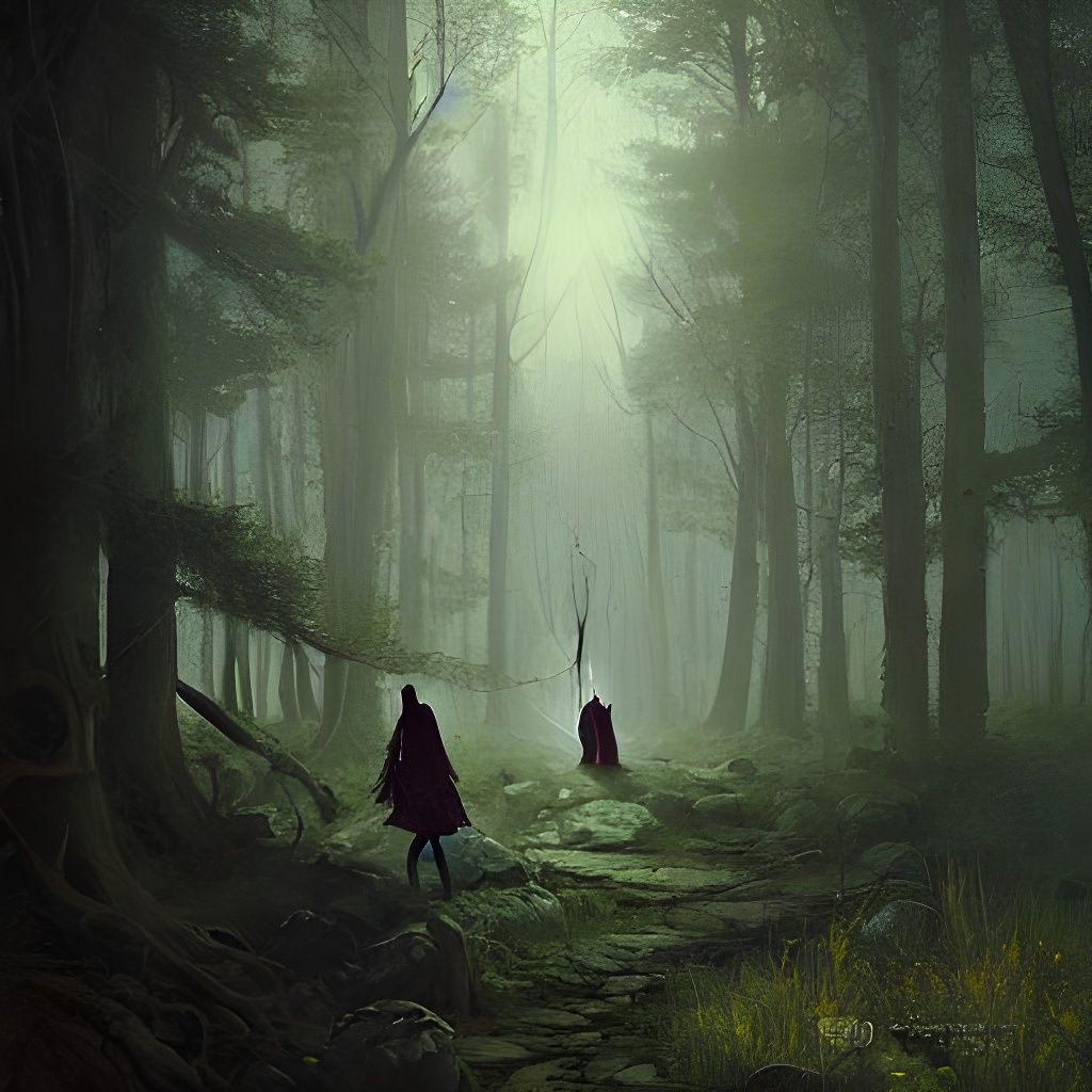 Dark Wizard Duel on Forest Path, Fantasy Art