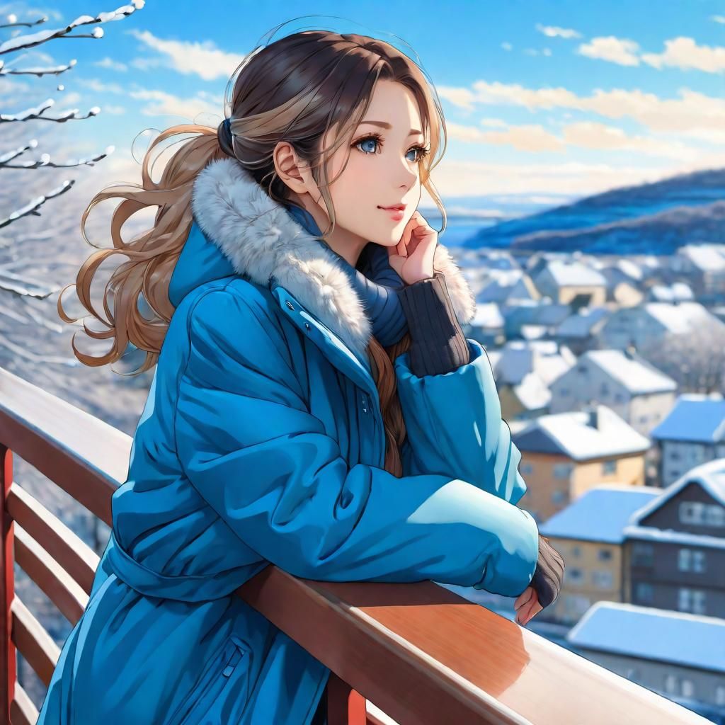 Gorgeous Woman in Blue Coat: Anime-Style Portrait