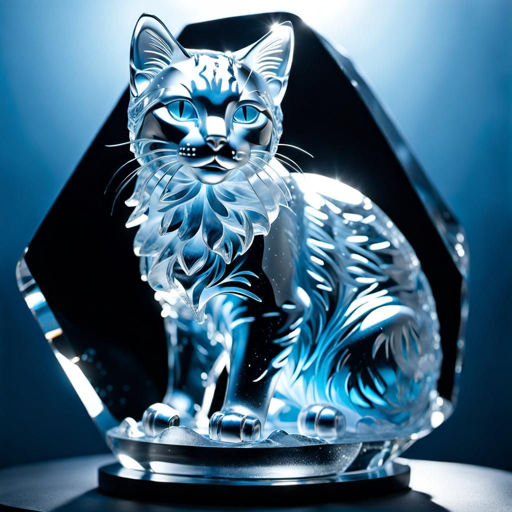 Hyperrealistic Ice Cat Sculpture in Sunlight