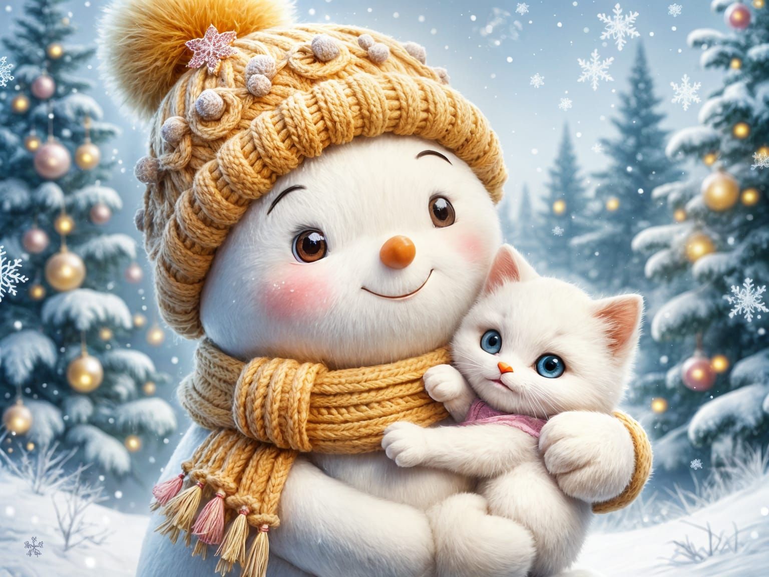 Snowman With Kitten in Whimsical Winter Scene