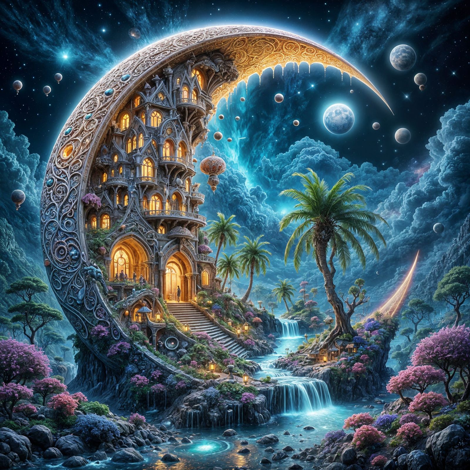 Mediterranean Fantasy Villa Inside Bioluminescent Moon Sanct...