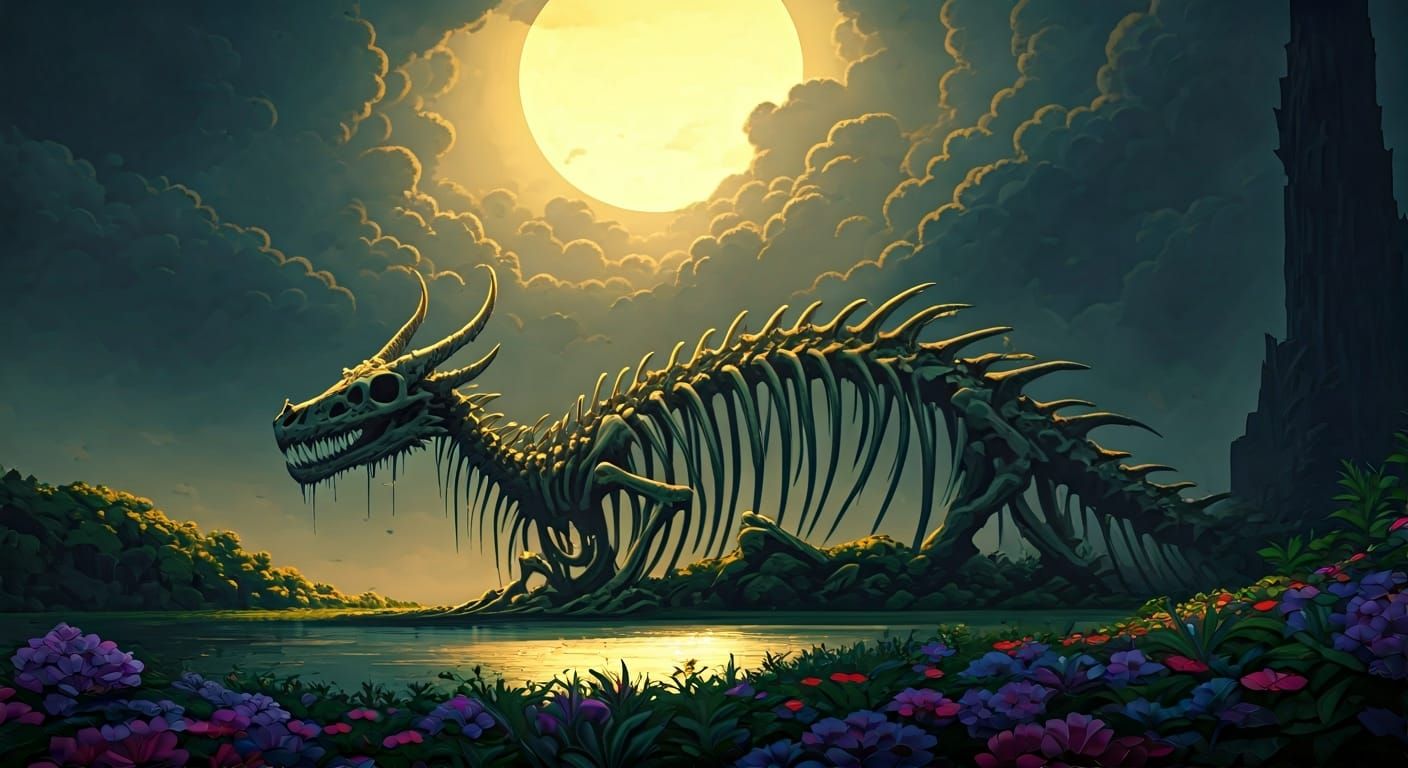 Dragon Skeleton Garden Under Yellow Moon, Dramatic Painting