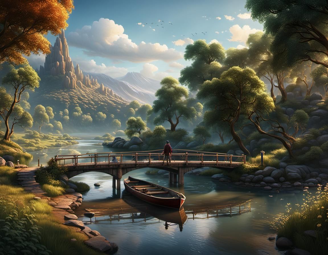 Tranquil Riverbank Sunrise: Detailed Matte Painting