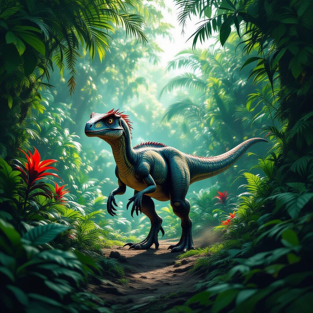 Feathered Velociraptor in Lush Jungle Concept Art