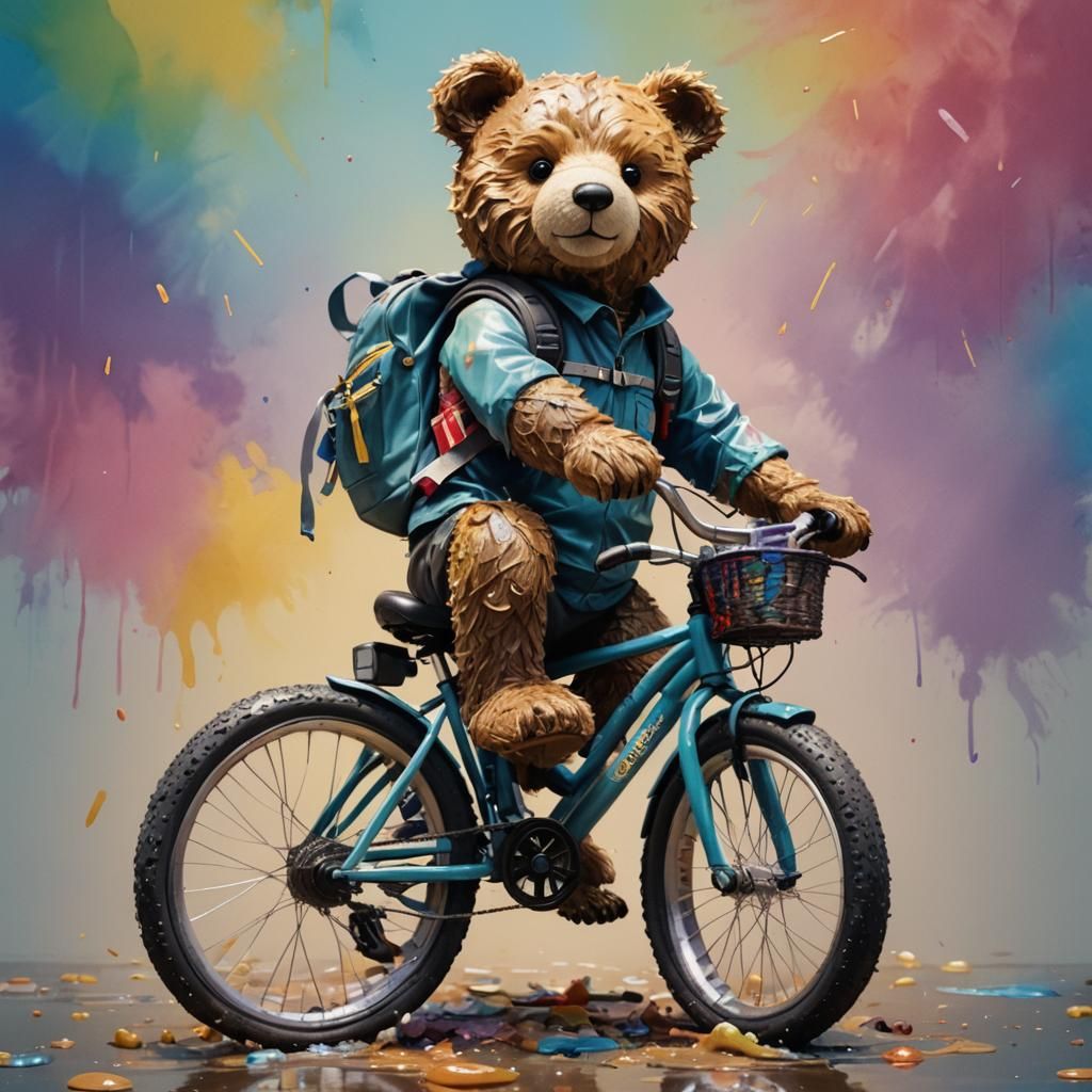 Teddy Bear Rides Bicycle: Hyperrealistic Concept Art