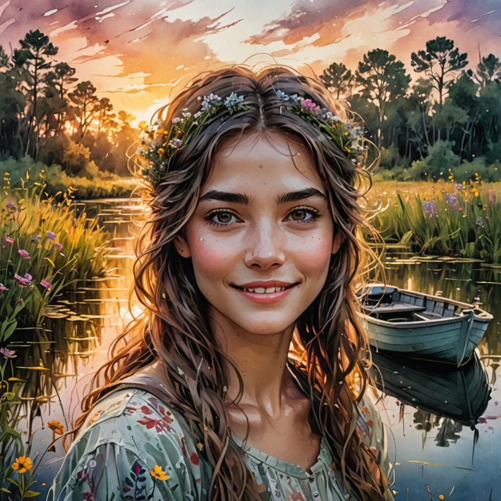 Young Girl with Perfect Smile in Watercolor Summerscape
