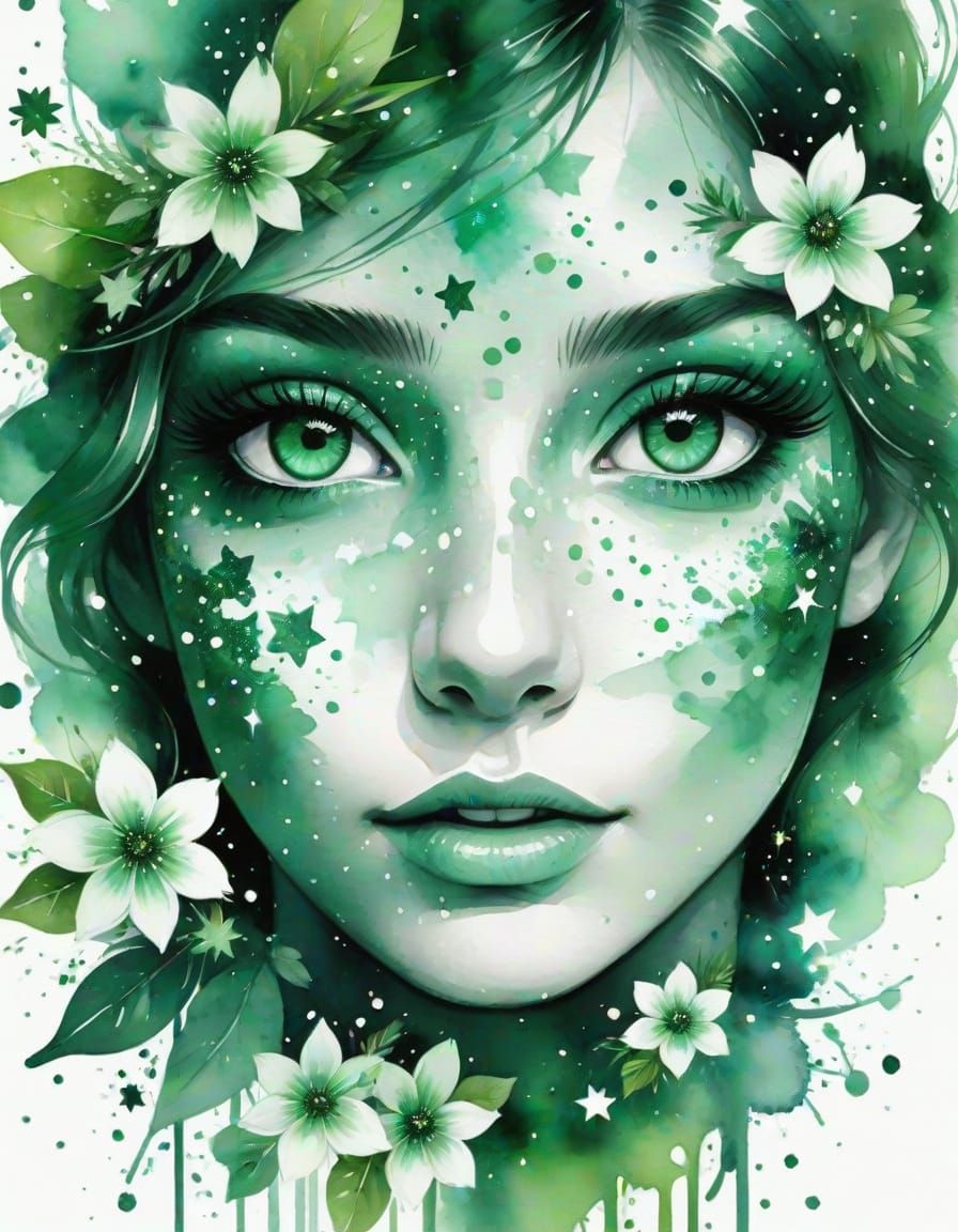 Emerald Eyes Shine in Whimsical Green Galaxy