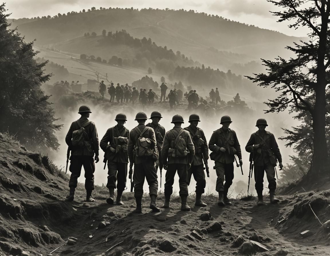 Band of brothers easy company army unit during WW2 silhouette of the company standing on a small hillside