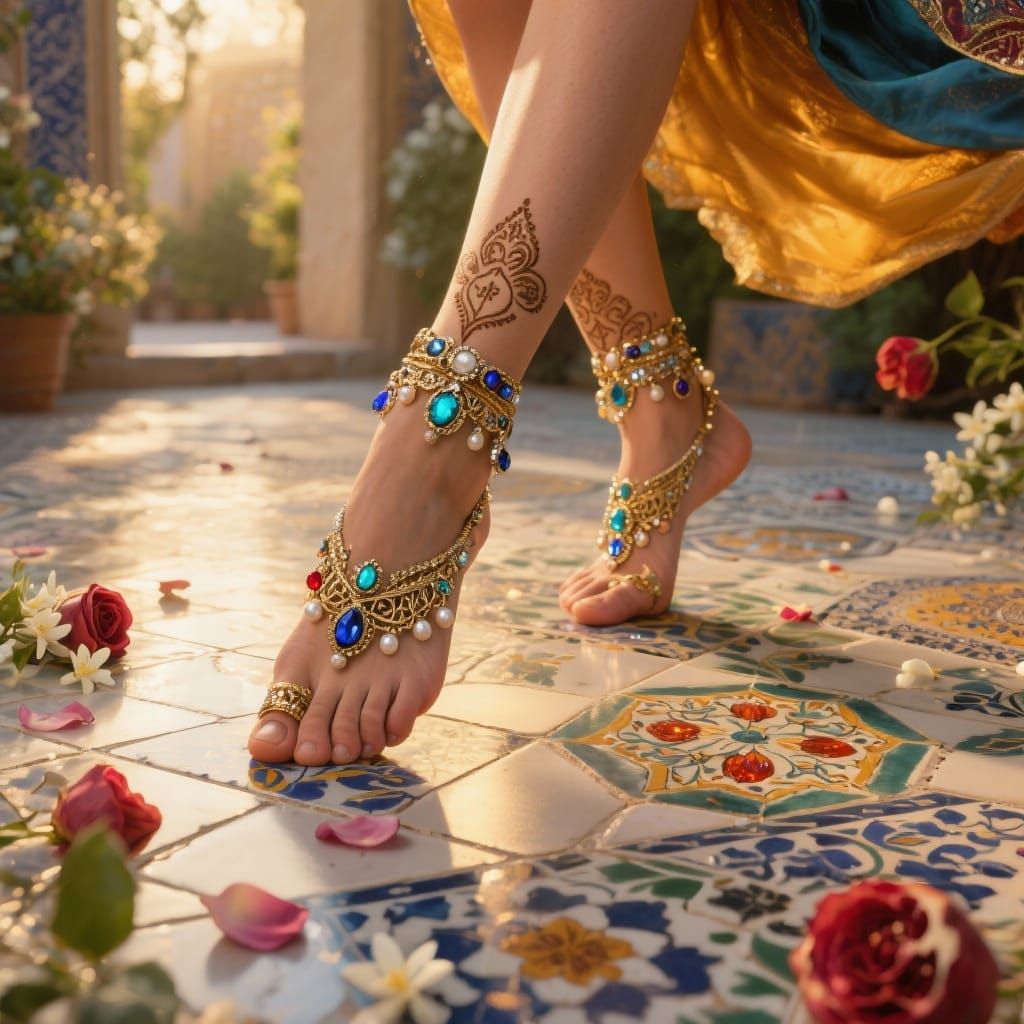 Persian Dancer's Feet Adorned with Gemstone Jewelry