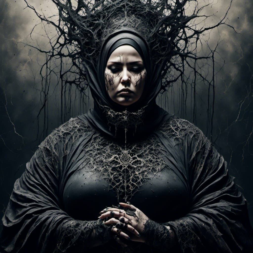 Curvy Goth Woman with Glowing Runes and Piercings