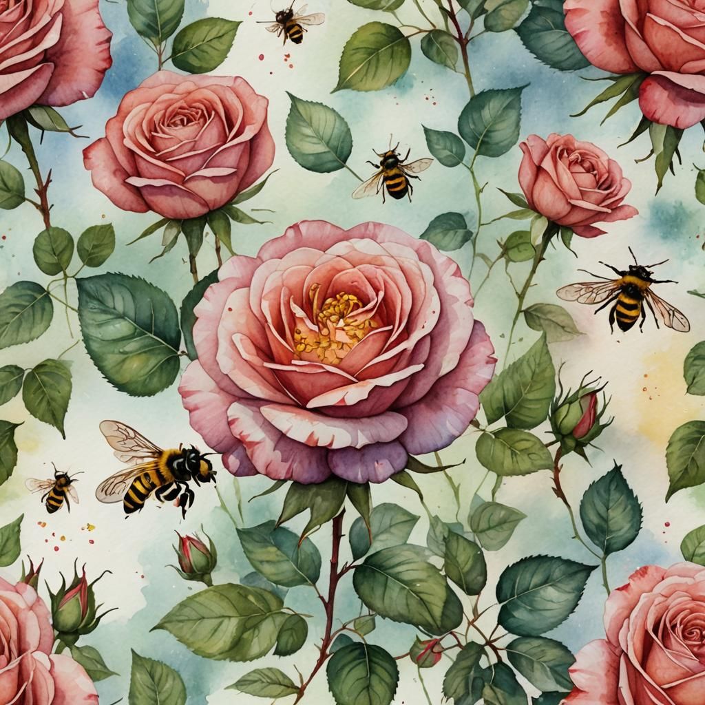 Rose and Bee in Watercolor Style