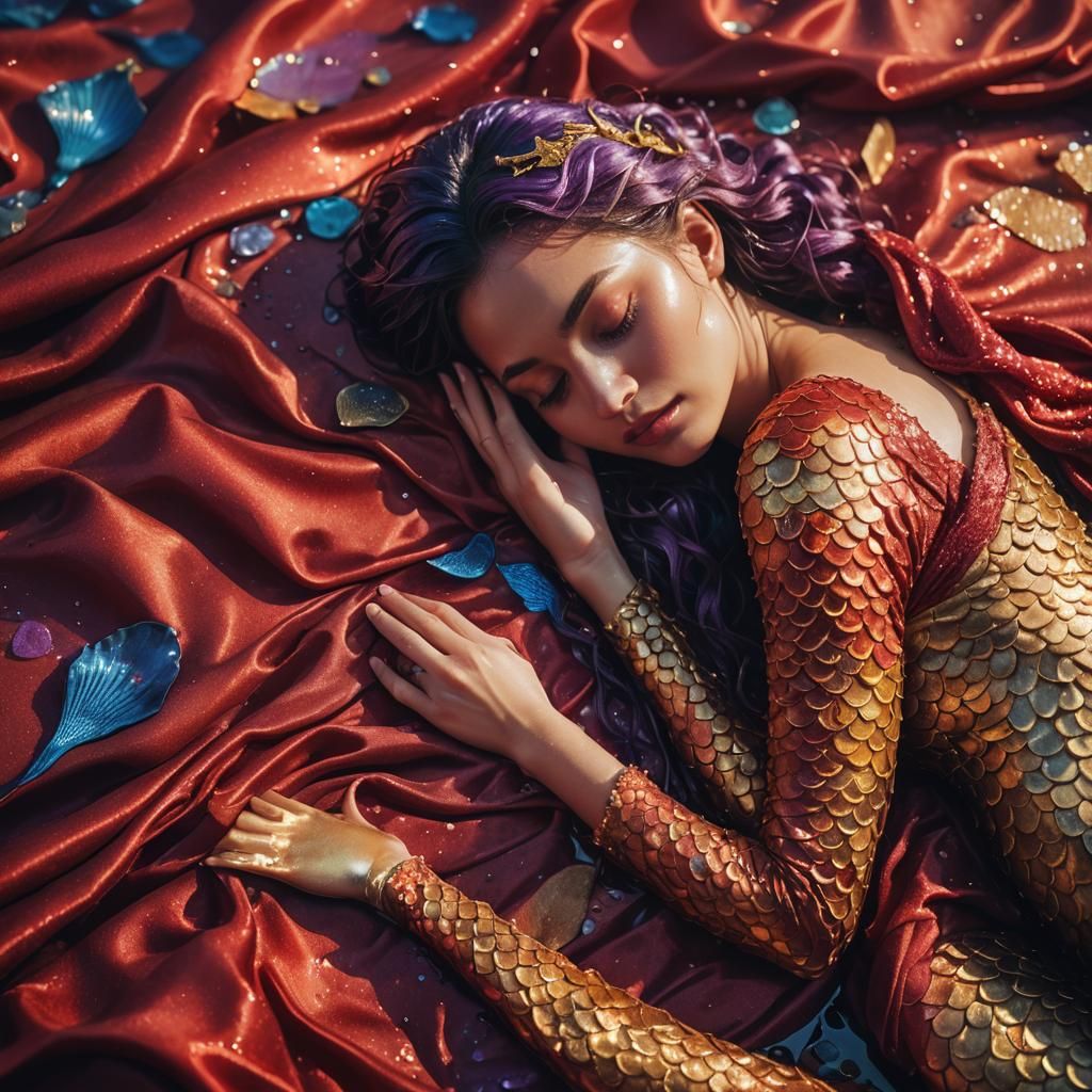 Glistening Mermaid Sleeps in Surreal Sunlight