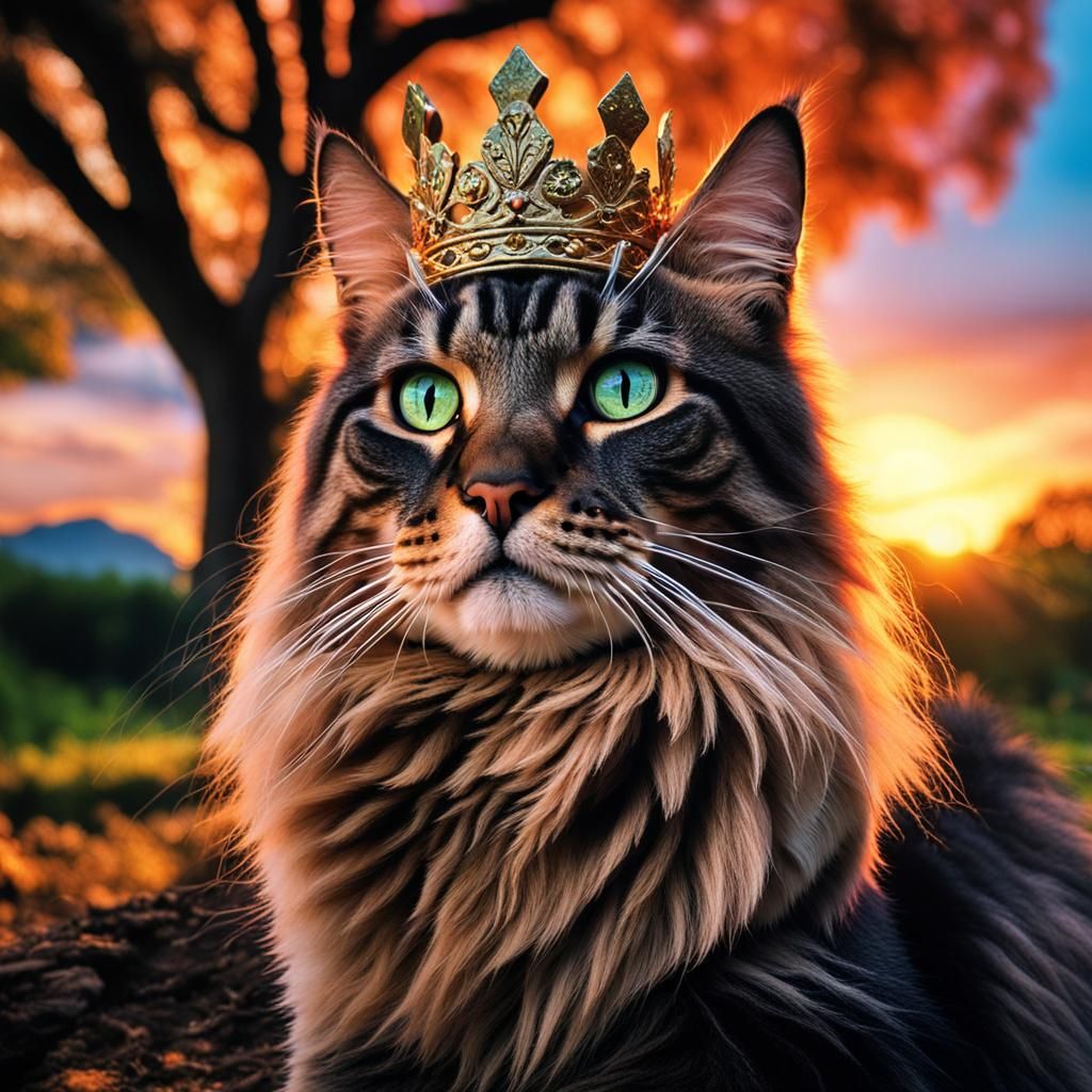Majestic Cat with Crown at Sunset