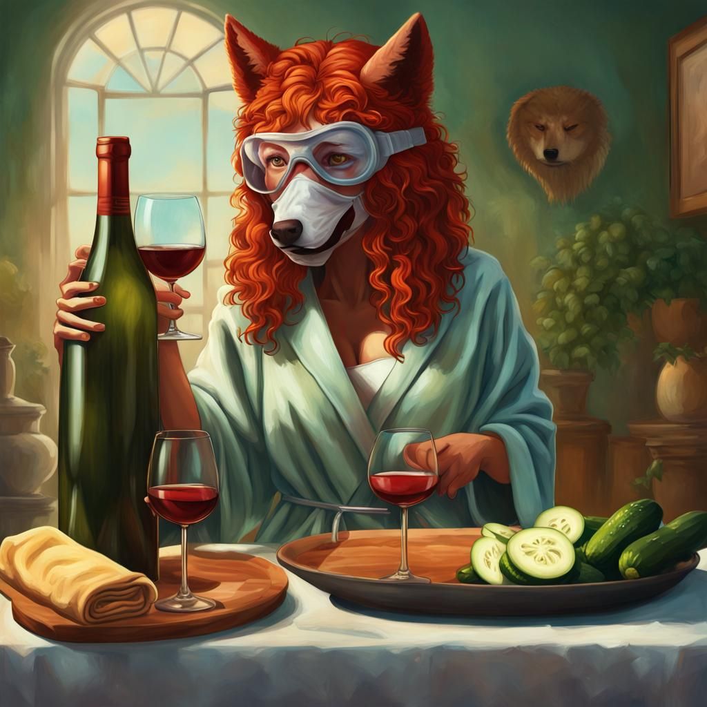 Woman and Dire Wolf Relaxing with Wine, Hyperrealistic Art