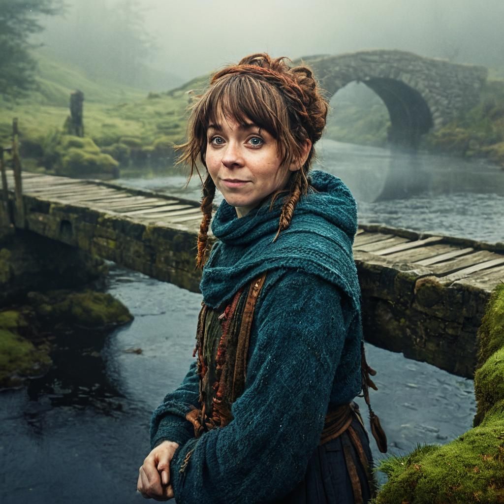Peasant Crossing Misty Loch Bridge in Scotland