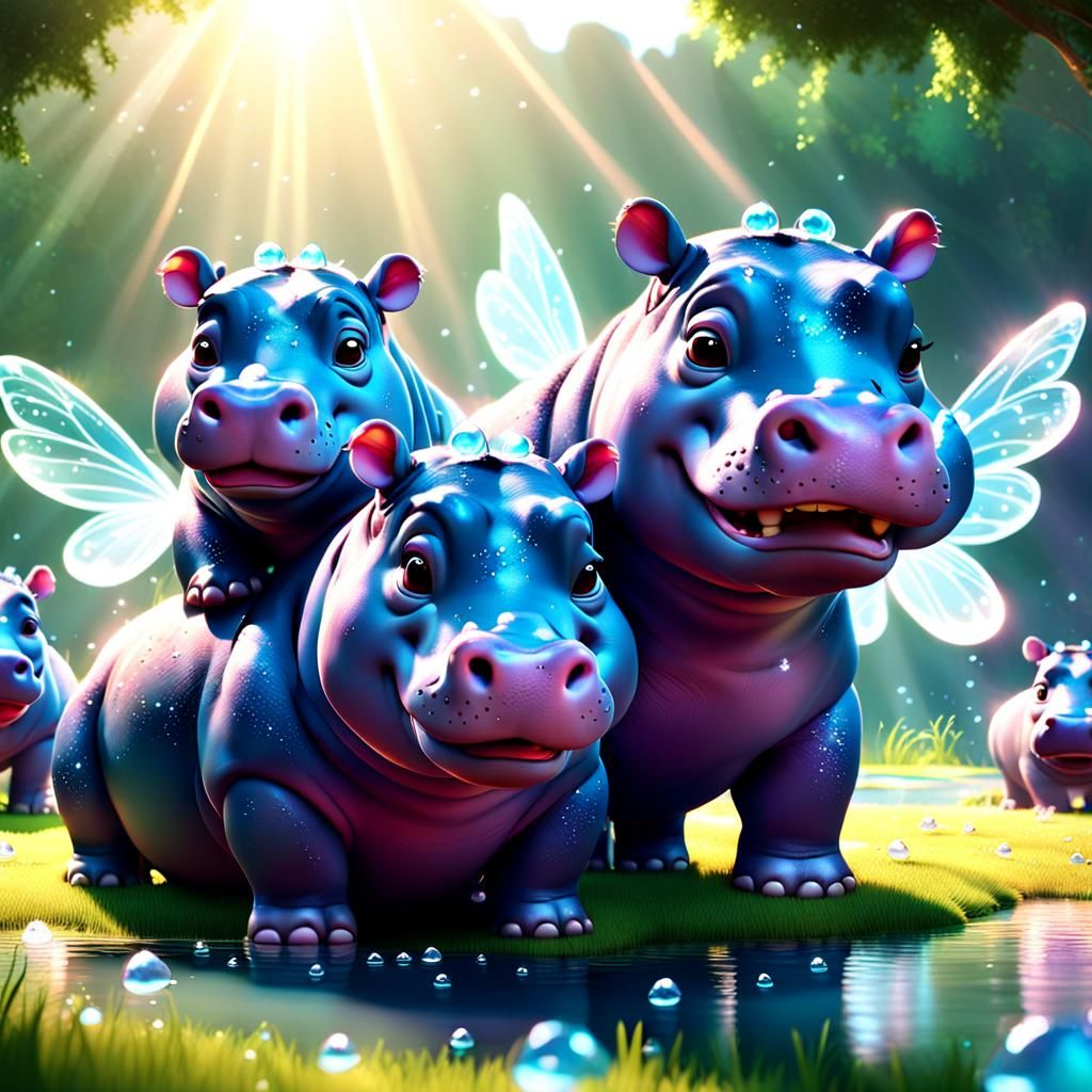 Pixar-Style Fairy Hippos Playing in Pastel Colors
