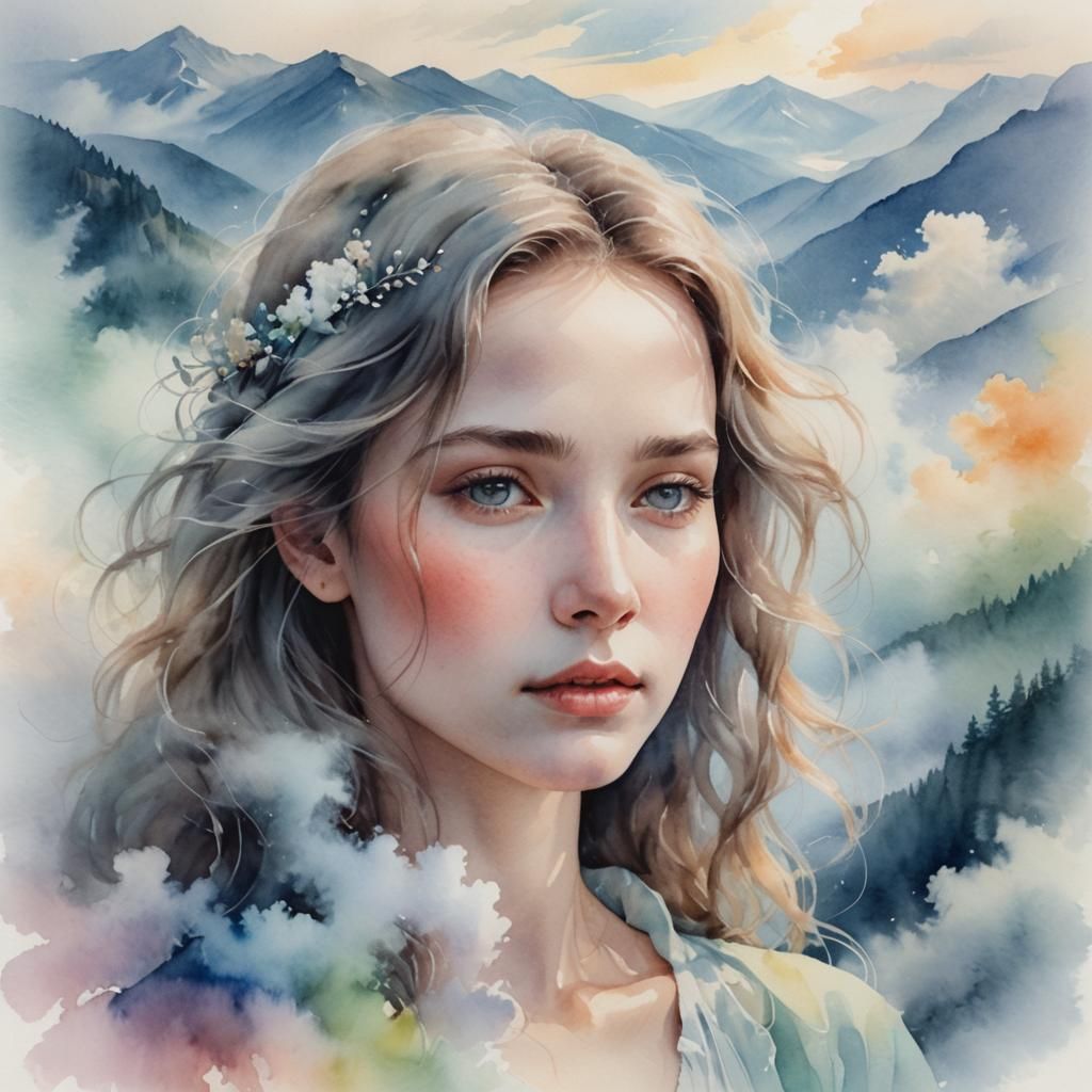 Ethereal Watercolor Portrait: Woman Made of Clouds