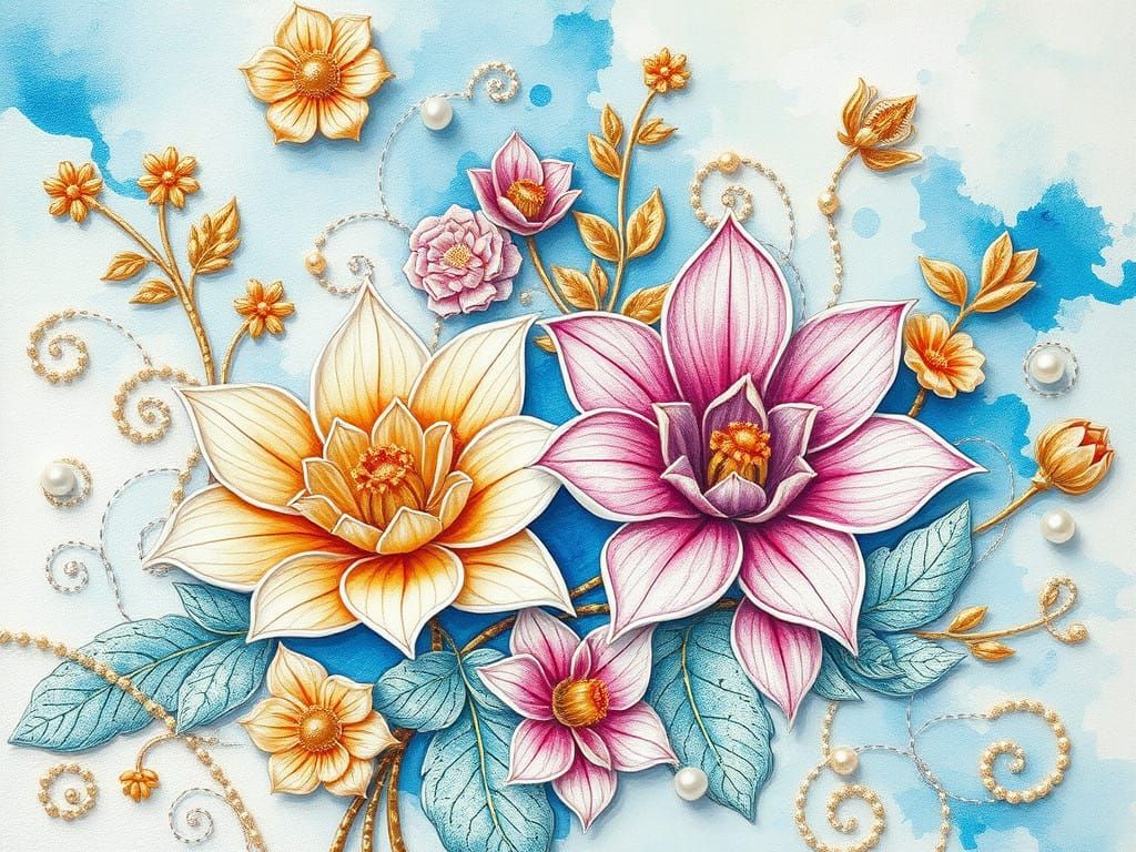 Vibrant acrylic-watercolor mix painting, beautiful details of asian flowers and foliage, small swirls, abstract style, 3...