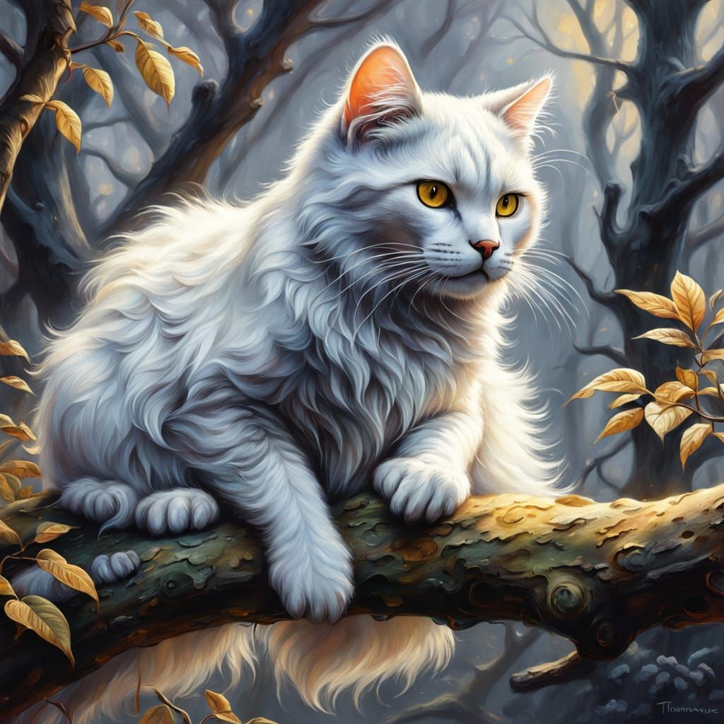 White Cat on Branch in Ethereal Gouache Style