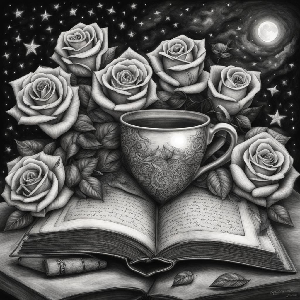 Magical Books and Starlit Sky in Charcoal Drawing