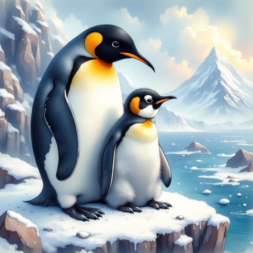 Parent Penguin Cuddles Fluffy Chick on Snowy Rocky Outcrop i...