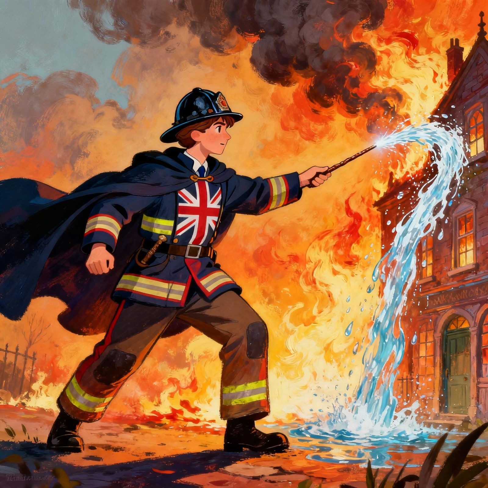 Wizard Firefighter Battles Blaze with Wand in Action Paintin...