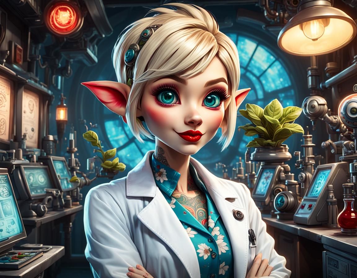 Kawaii Goblin Girl Scientist in Hyperrealistic Style