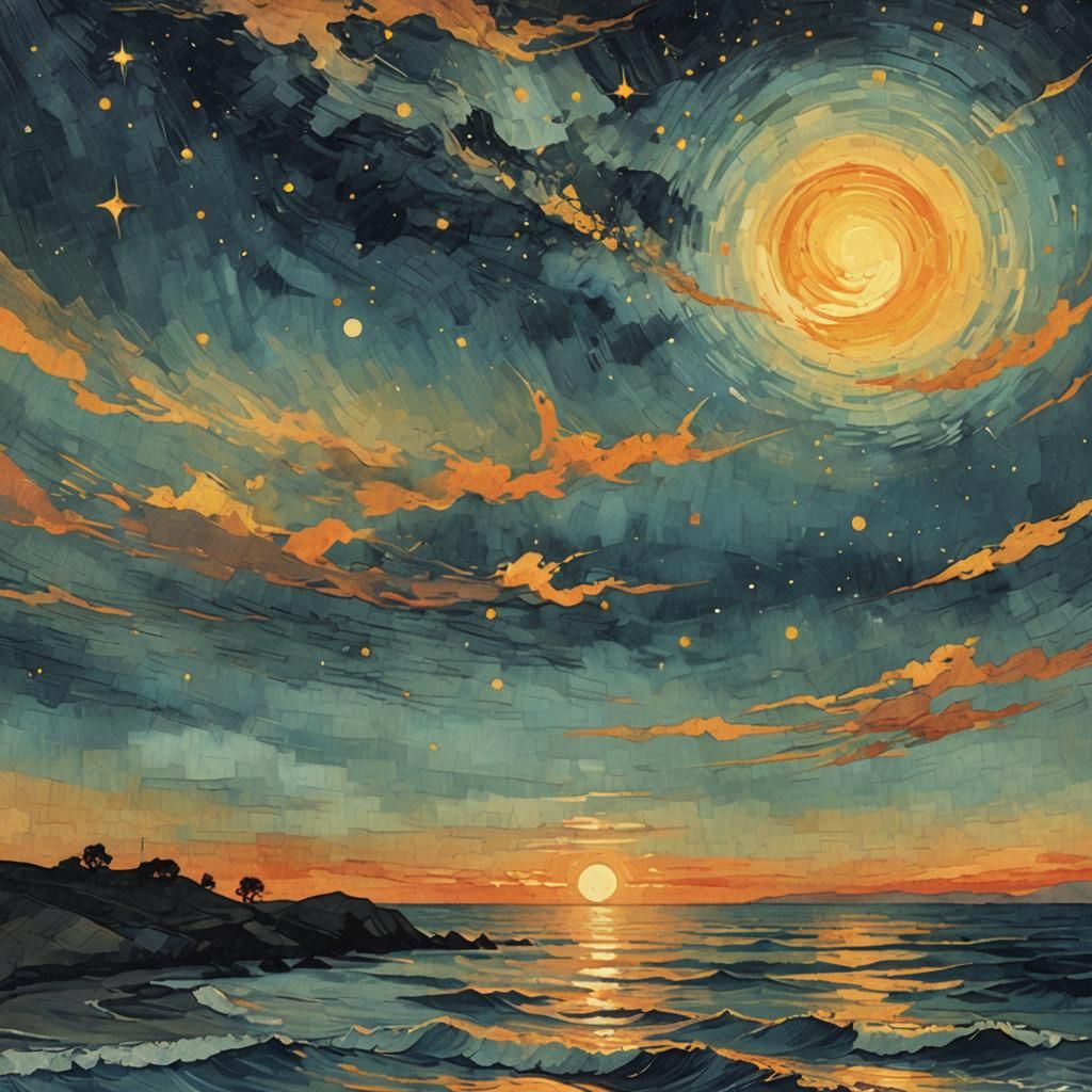 Sunset Over Ocean in Acid Ink Style