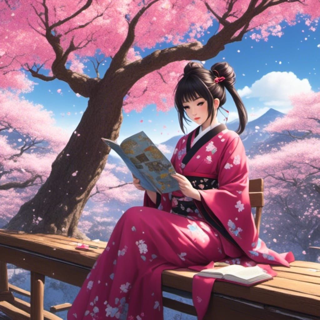 Kimono Girl Reading Under Sakura Tree