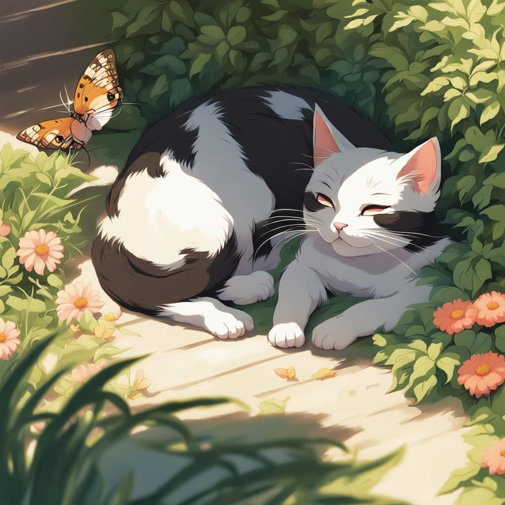 Mother Cat and Kittens Chasing Butterflies in Anime Style